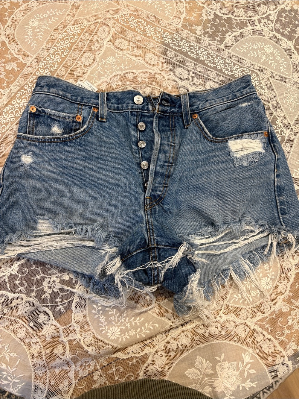 Levi's Distressed Frayed Hem Denim Shorts - Blue